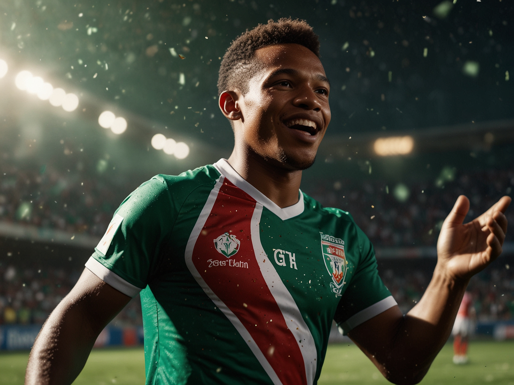 Joueur de football malgache célébrant avec un smartphone